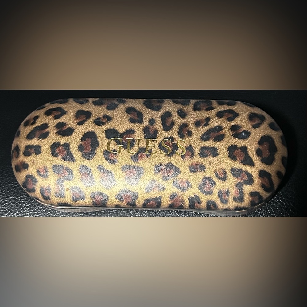 Guess Leopard Print Sunglasses Case in Brown and Black with Gold Logo
